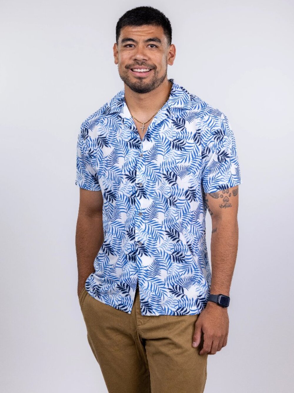W.R.K Blue Tropical Print Camp Collar Performance Short Sleeve Shirt
